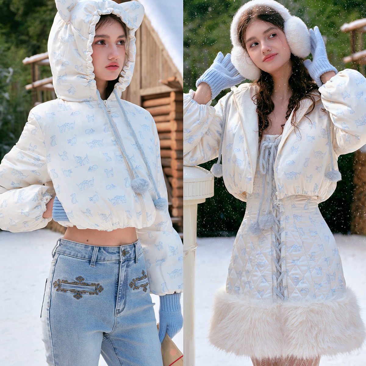 LaceMade 莓莓喵喵酱 法式甜美清新设计感压棉连衣裙羽绒服套装女