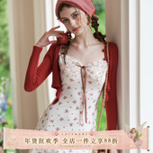 LaceMade 连衣裙小个子 甜美碎花一字肩吊带针织短款 小红玫瑰 法式