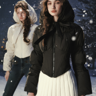 LaceMade 小黑战士 1件过冬 法式设计感收腰短款黑色羽绒服显瘦冬