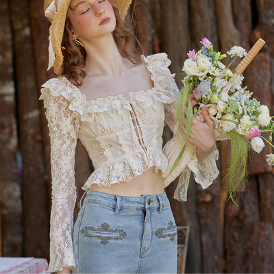 LaceMade 法兰西美人 法式复古田园风设计感蕾丝镂空绑带衬衫小衫