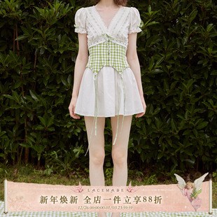 复古清新感少女格子连衣裙鱼骨腰封套装 法式 青苹果乐园 LaceMade