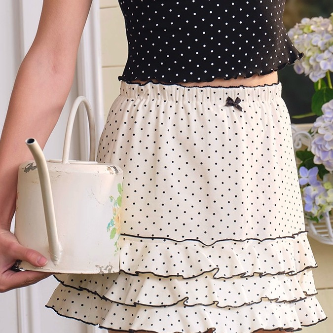 LaceMade 花花市集 法式田园风甜美通勤百搭黑色波点短半裙小短裙