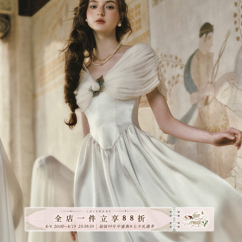 LaceMade 纯白琉璃梦 法式复古设计感收腰连衣裙白色仙女长裙夏季