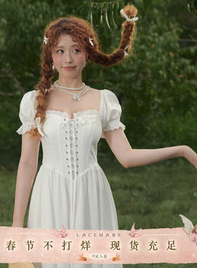 LaceMade 白藤花  法式设计感田园风印花显瘦鱼骨胸衣白色连衣裙