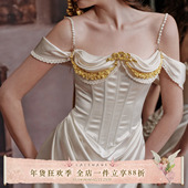 LaceMade 复古宫廷白色缎面裙设计感鱼骨连衣裙礼服 圣女贞德 法式