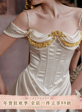 LaceMade 圣女贞德 法式复古宫廷白色缎面裙设计感鱼骨连衣裙礼服
