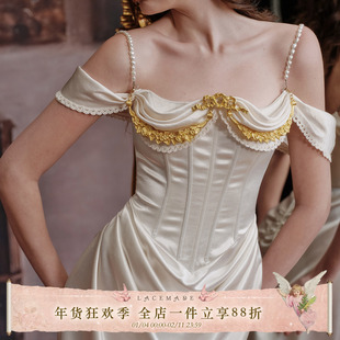 LaceMade 圣女贞德 法式复古宫廷白色缎面裙设计感鱼骨连衣裙礼服