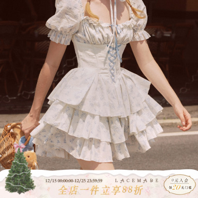 LaceMade 蓝娃娃 法式甜美公主裙蓝色碎花鱼骨收腰通勤连衣裙短款