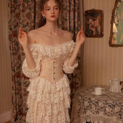 LaceMade 欧若拉 定制面料法式设计感收腰蕾丝仙女裙长款连衣裙