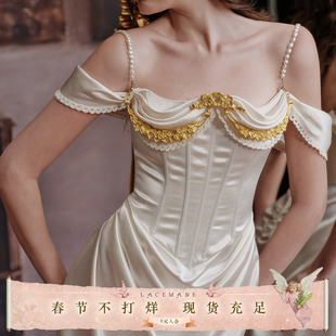 LaceMade 圣女贞德 法式复古宫廷白色缎面裙设计感鱼骨连衣裙礼服