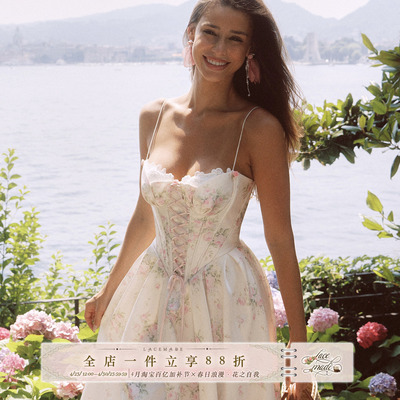 公主风A字裙尼龙印花绑带连衣裙