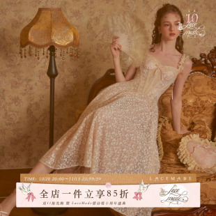 LaceMade 玻璃糖纸 法式千金风重工蕾丝吊带鱼骨连衣裙轻礼服裙