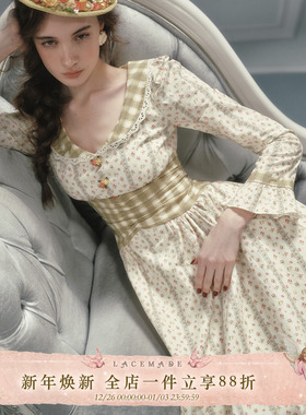 LaceMade 温莎花园 法式田园风棉质清新通勤碎花长袖绿色连衣裙女