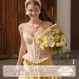 设计感鱼骨抹胸上衣蕾丝黄色蛋糕裙套装 法式 女 镀金花语 LaceMade