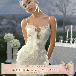LaceMade 圣洁告白 法式复古鱼骨裙轻婚纱晨袍礼服裙白色连衣裙女