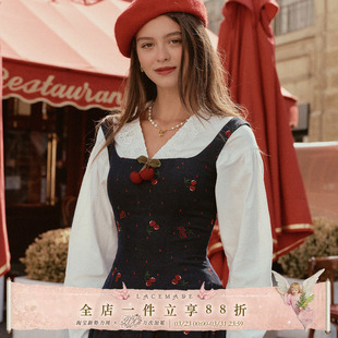 甜美定制刺绣吊带连衣裙通勤背带牛仔裙秋 法式 LaceMade 樱桃牛仔