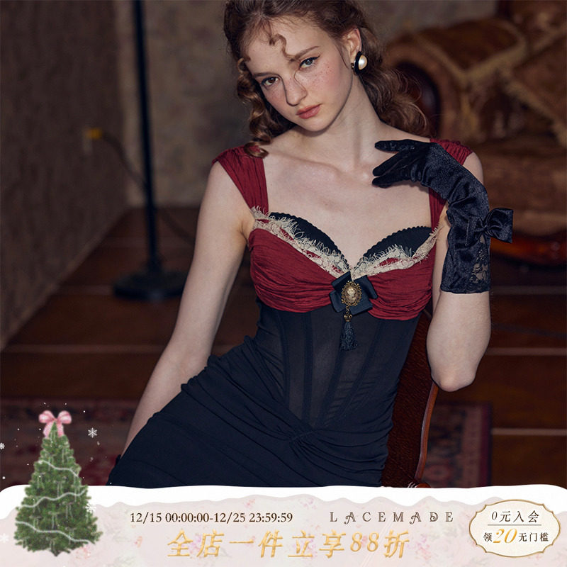 LaceMade 摇晃的红酒杯 法式复古风鱼尾缎面设计鱼骨连衣裙礼服裙