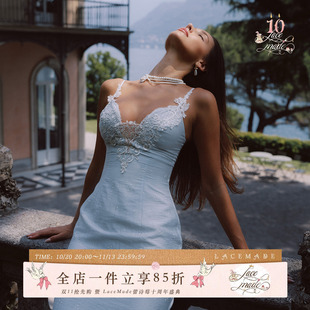 LaceMade 月海潮汐 法式重工设计感蓝色吊带公主裙蕾丝拼接连衣裙