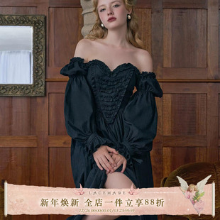 LaceMade 堕落天使 法式古典羊腿袖大摆公主裙黑色棉质连衣裙女秋