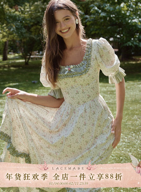 LaceMade 小森林 法式设计感森系田园风碎花鱼骨掐腰通勤连衣裙女