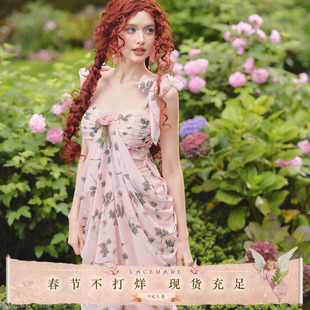 LaceMade 栀语清茶 法式度假海边设计感碎花连衣裙立体剪裁夏季女