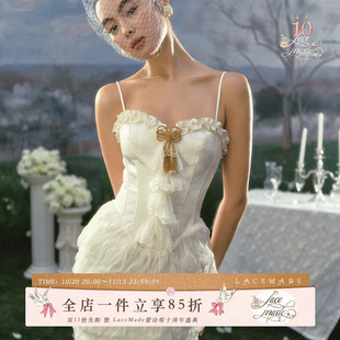 LaceMade 圣洁告白 法式复古鱼骨裙轻婚纱晨袍礼服裙白色连衣裙女