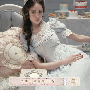 LaceMade 爱丽舍公主 法式田园风棉质甜美收腰显瘦鱼骨蓝色连衣裙
