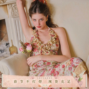 LaceMade 弗莱明戈 法式复古浪漫度假弹力印花网纱挂脖鱼尾连衣裙