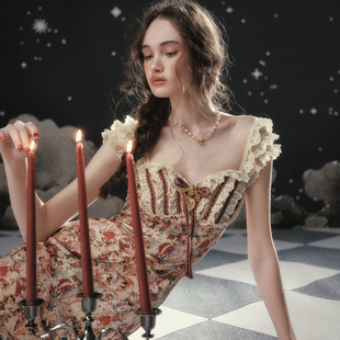 法式 复古千金风蕾丝拼接碎花鱼尾度假连衣裙女 堕落爱神 LaceMade