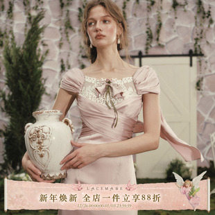 设计感古典礼服裙蕾丝拼接缎面连衣裙女 法式 LaceMade 恋上马蹄莲
