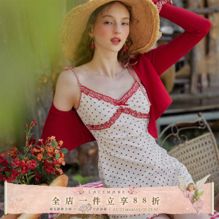 LaceMade 小红桃  法式少女感波点木耳边针织短款吊带连衣裙