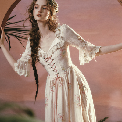 LaceMade 棕榈花园 法式田园风设计感翻领粉色碎花显瘦中袖连衣裙