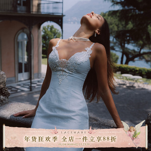 LaceMade 月海潮汐 法式重工设计感蓝色吊带公主裙蕾丝拼接连衣裙