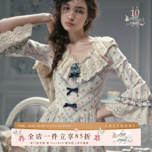 LaceMade 早安凡尔赛 法式田园风条纹印花棉质长裙v领显瘦连衣裙