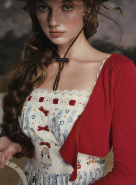 LaceMade 小熊厨房 法式田园甜美印花条纹吊带裙长款连衣裙蓝色女
