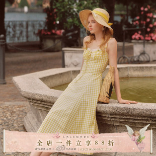 田园风设计感黄色格子吊带裙通勤连衣裙长款 法式 小柠檬 LaceMade