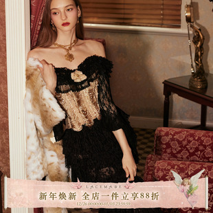 复古宫廷鱼骨礼服胸衣半裙年会战袍 派对法式 LaceMade 幻影金丝雀