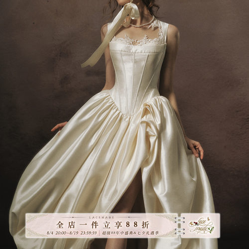 LaceMade 白色加冕礼 法式典藏重工缎面白色礼服婚纱裙鱼骨连衣裙