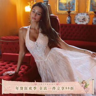 LaceMade 蕾丝情书 法式重工公主风蕾丝收腰纱裙粉色挂脖连衣裙女