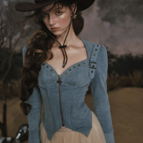 LaceMade 丹宁骑士 法式牛仔设计感蓝色长袖鱼骨上衣百搭修身外套