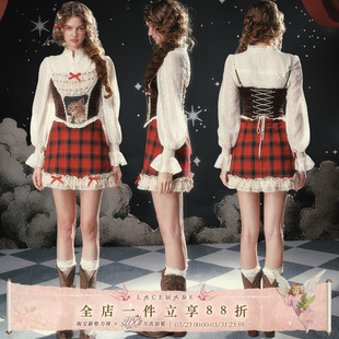 木偶猫 甜辣鱼骨胸衣格纹半裙套装 圣诞夜 圣诞套装 法式 LaceMade