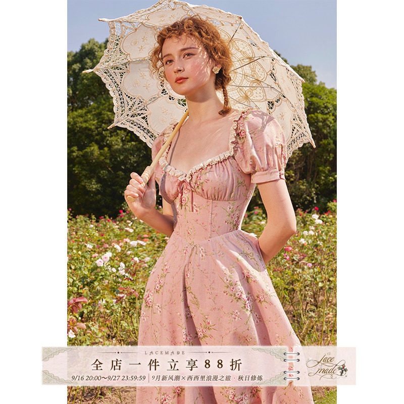 a字裙粉色泡泡袖连衣裙图片