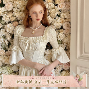 复古宫廷设计感白色连衣裙腰封早秋套装 LaceMade 法式 摇篮 天使