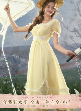LaceMade 黄风筝 法式复古田园黄色收腰连衣裙泡泡袖蕾丝公主裙女