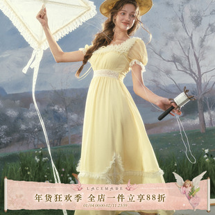LaceMade 黄风筝 法式复古田园黄色收腰连衣裙泡泡袖蕾丝公主裙女
