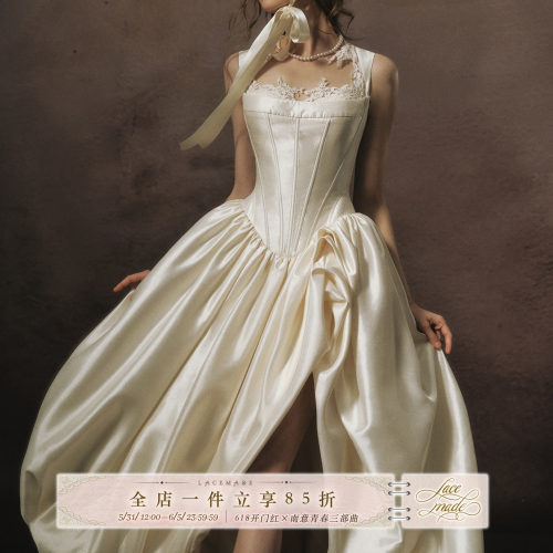 LaceMade 白色加冕礼 法式典藏重工缎面白色礼服婚纱裙鱼骨连衣裙