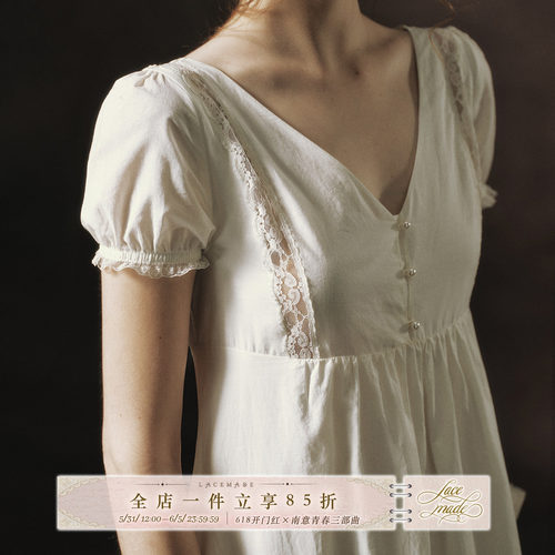 LaceMade 晨露公主 法式古典简约帝政裙前后两穿棉质白色连衣裙夏