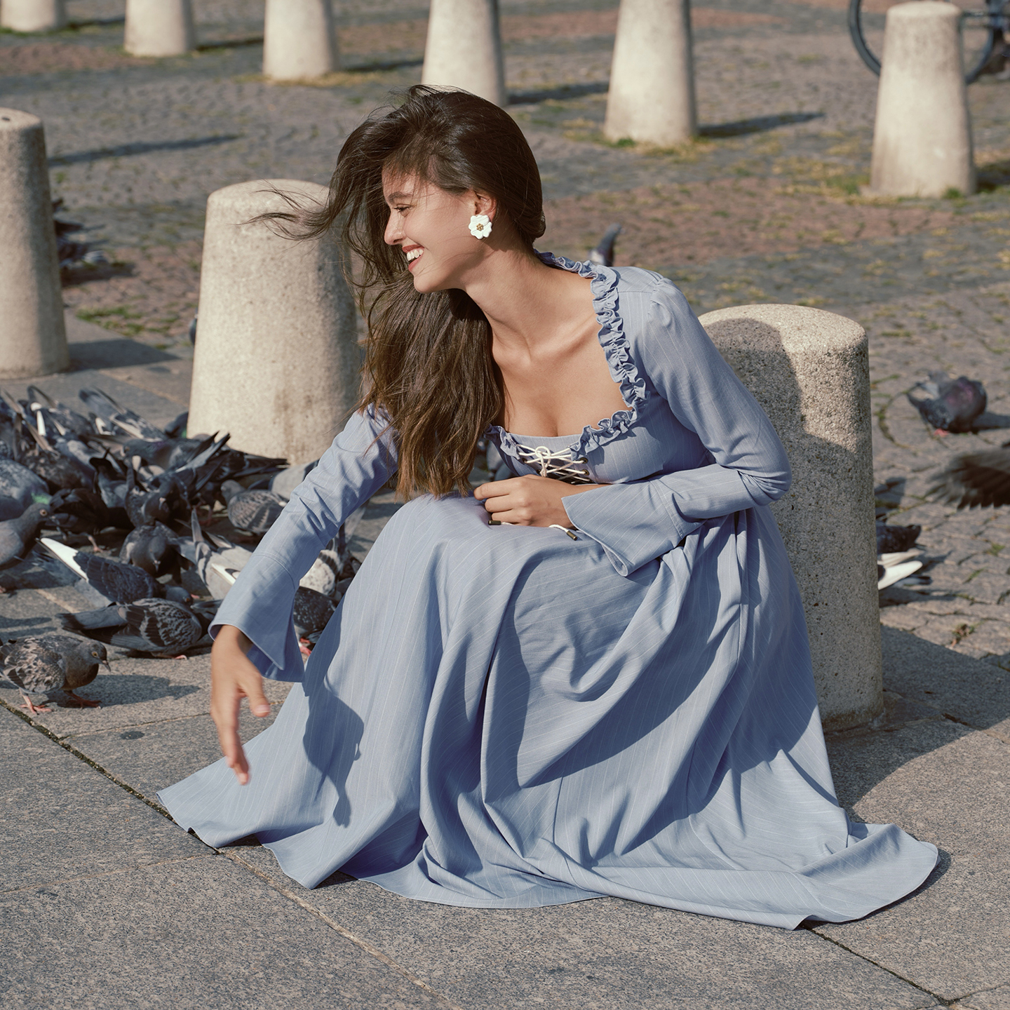 LaceMade 微凉海岸线 法式条纹高智感系带通勤长袖蓝色方领连衣裙