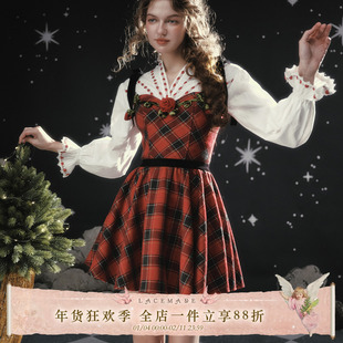 LaceMade 绯红棋局 法式圣诞氛围格子裙收腰显瘦吊带短款连衣裙女