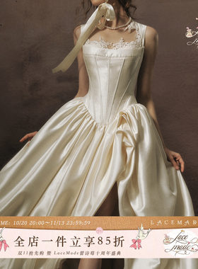 LaceMade 白色加冕礼 法式典藏重工缎面白色礼服婚纱裙鱼骨连衣裙